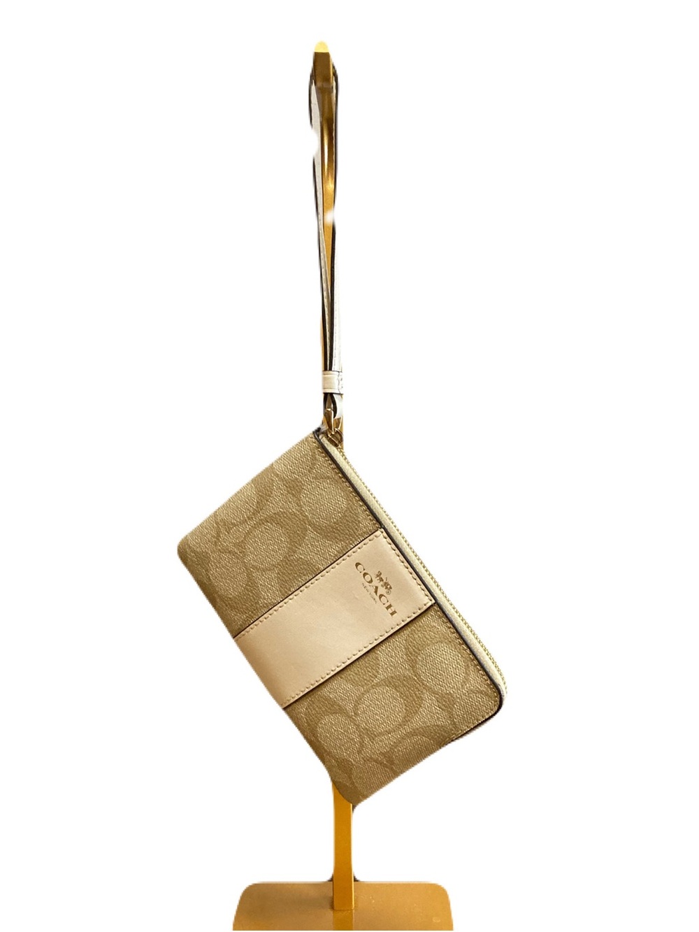 Coach Corner Zip Wristlet in Signature Canvas w/ Center Stripe White/Chalk NWOT